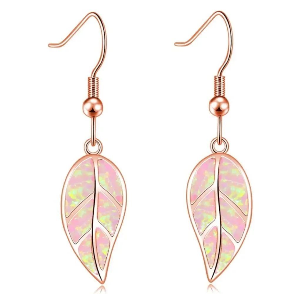 14K Rose Gold with Genuine Pink Fire Opal Leaf Shape Dangling Hook Earrings